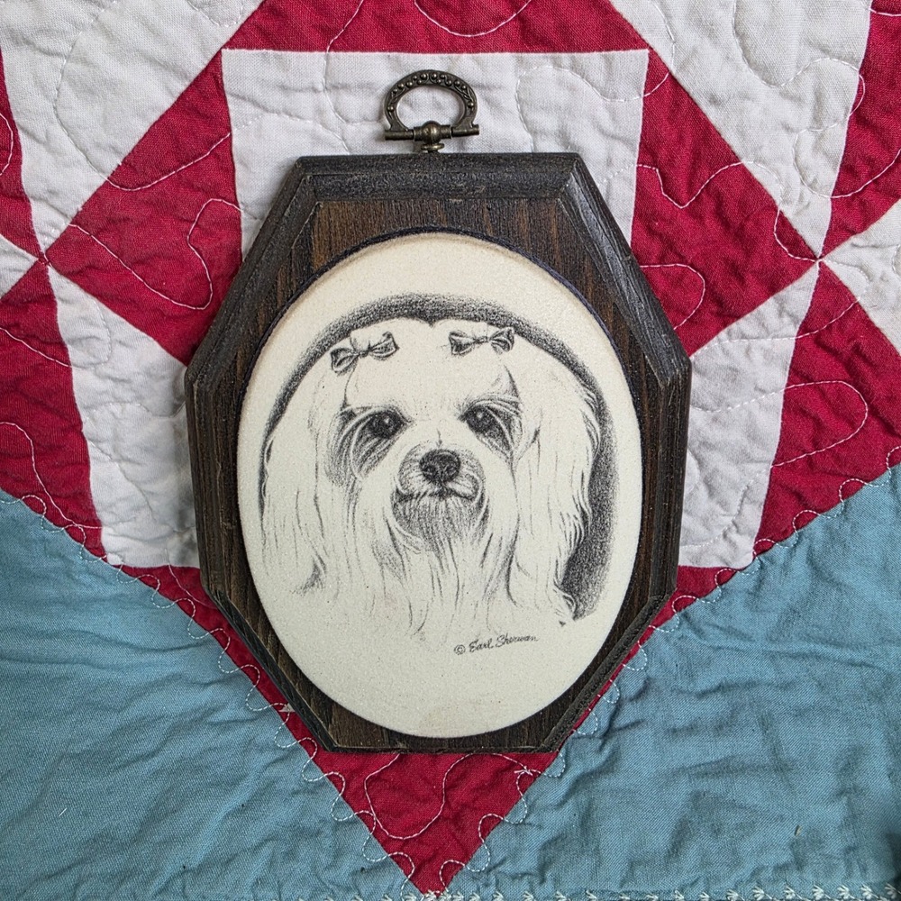 Vintage Earl Sherwan‎ Maltese Dog Portrait Wood Plaque Wall Art 6x7